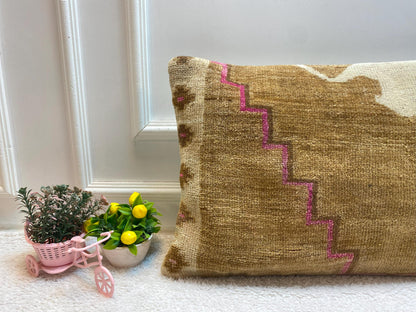 Handmade Brown Turkish Rug Lumbar Pillow Cover (16x24 in)