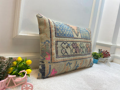 Floral Wool Lumbar Pillow Cover: Turkish Rug Pillow, 16x24 inch