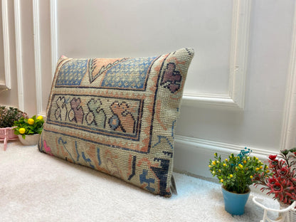 Floral Wool Lumbar Pillow Cover: Turkish Rug Pillow, 16x24 inch