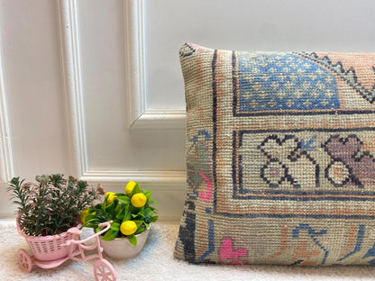 Floral Wool Lumbar Pillow Cover: Turkish Rug Pillow, 16x24 inch