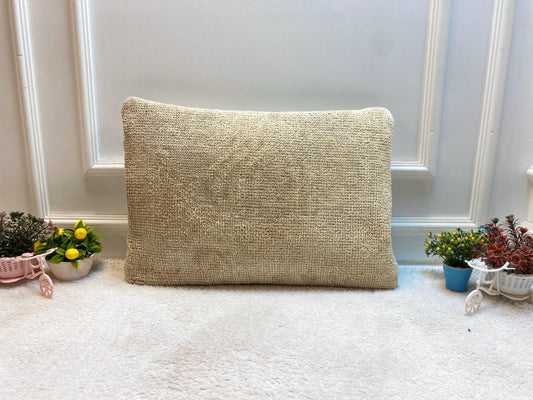 Beige Turkish Rug Lumbar Pillow Cover: Vintage Wool Kilim, 16x24 inch