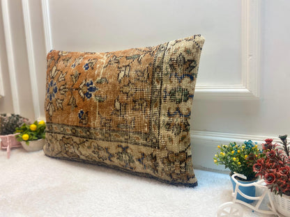 Floral Turkish Rug Lumbar Pillow: Handmade Vintage Wool (16x24 in)