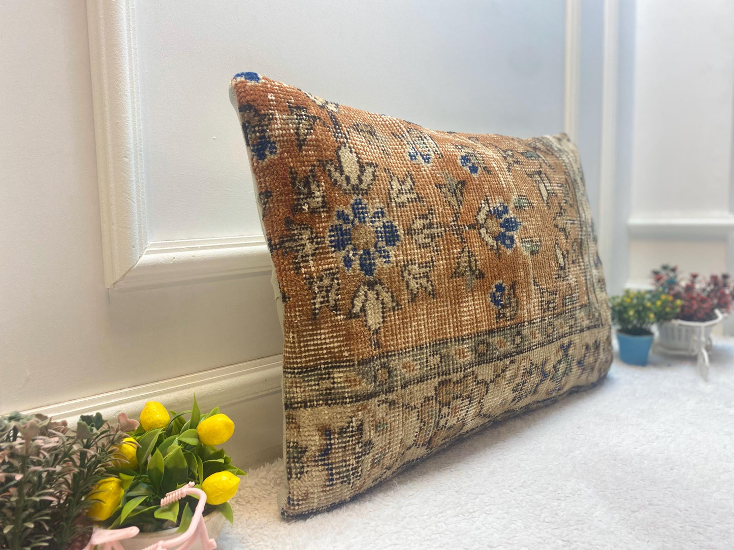 Floral Turkish Rug Lumbar Pillow: Handmade Vintage Wool (16x24 in)