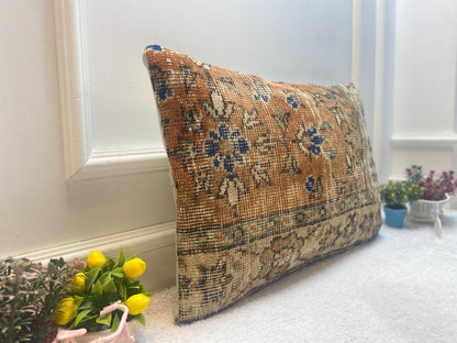 Floral Turkish Rug Lumbar Pillow: Handmade Vintage Wool (16x24 in)