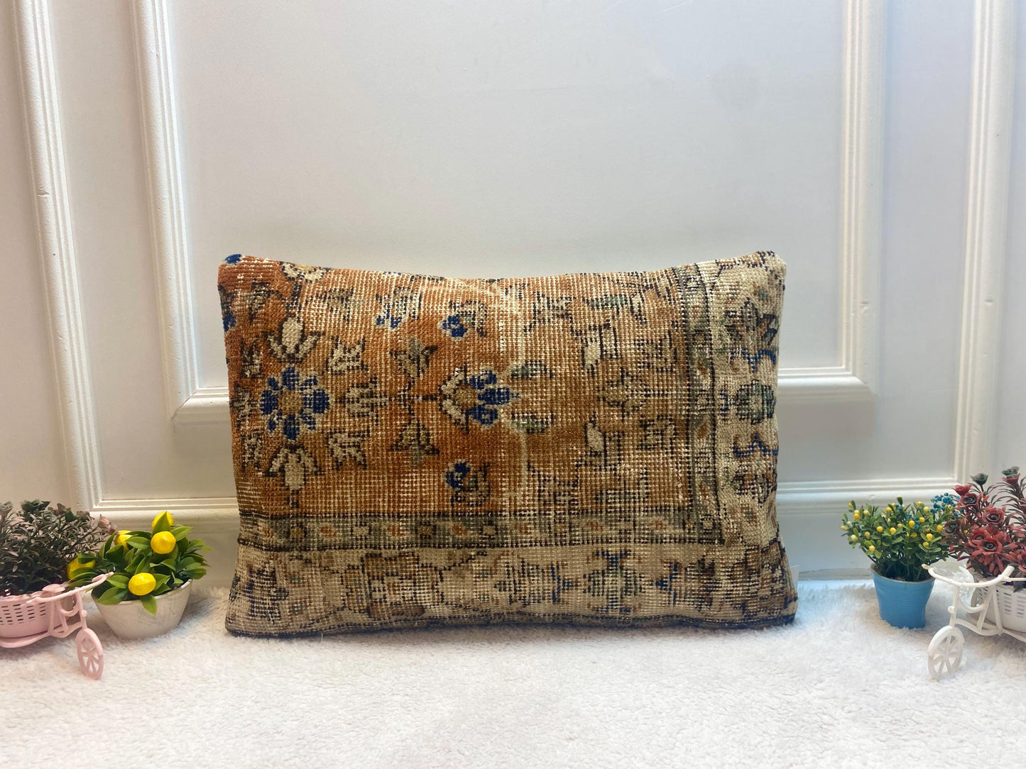 Floral Turkish Rug Lumbar Pillow: Handmade Vintage Wool (16x24 in)