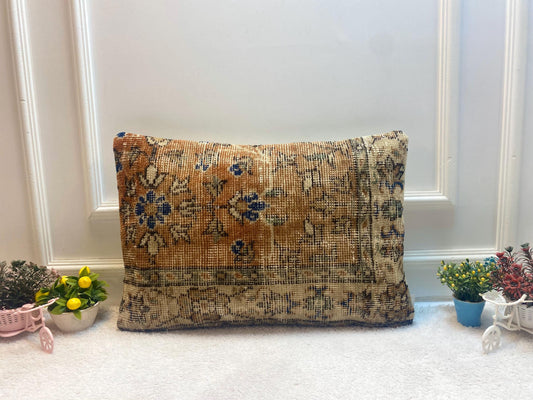 Floral Turkish Rug Lumbar Pillow: Handmade Vintage Wool (16x24 in)