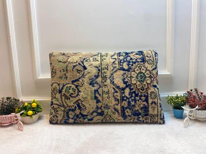 Handmade Floral Turkish Rug Pillow Cover: Vintage Kilim Lumbar Pillow (16x24 in)