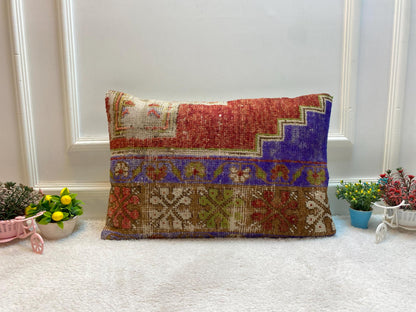 Geometric Turkish Rug Lumbar Pillow: Upcycled Wool, 16x24 inch