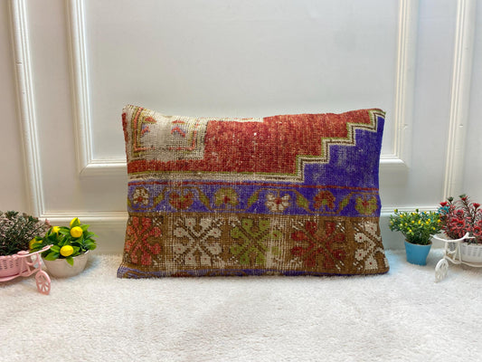 Geometric Turkish Rug Lumbar Pillow: Upcycled Wool, 16x24 inch