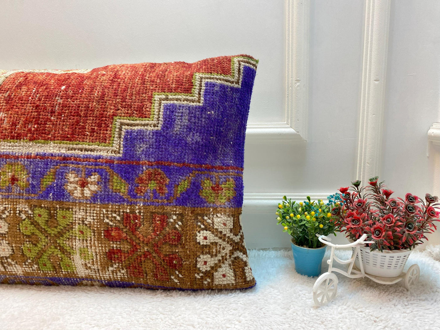 Geometric Turkish Rug Lumbar Pillow: Upcycled Wool, 16x24 inch