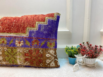 Geometric Turkish Rug Lumbar Pillow: Upcycled Wool, 16x24 inch