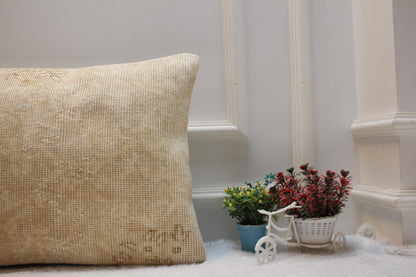 Handmade Kilim Lumbar Pillow Cover: Beige Brown Woven Rug, 16x24 inch