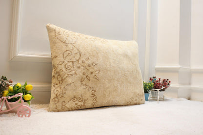 Handmade Kilim Lumbar Pillow Cover: Beige Brown Woven Rug, 16x24 inch