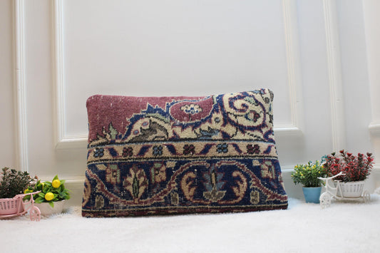 Vintage Turkish Rug Lumbar Pillow Cover: Purple & Blue Home Decor (16x24 in)