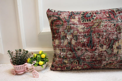 Handmade Floral Kilim Lumbar Pillow Cover: Red Woven Rug Pillow (16x24 in)