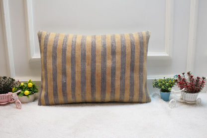 Handmade Striped Kilim Pillow Cover: Organic Wool Lumbar Cushion (16x24)