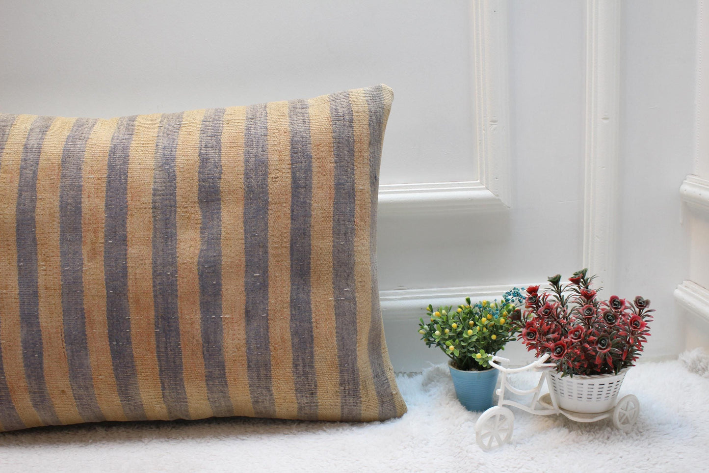 Handmade Striped Kilim Pillow Cover: Organic Wool Lumbar Cushion (16x24)