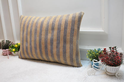 Handmade Striped Kilim Pillow Cover: Organic Wool Lumbar Cushion (16x24)