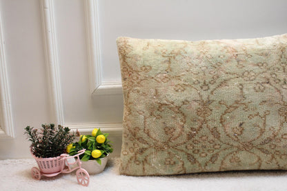 Handmade Beige Wool Lumbar Pillow Cover: Vintage Anatolian Rug, 16x24 inch