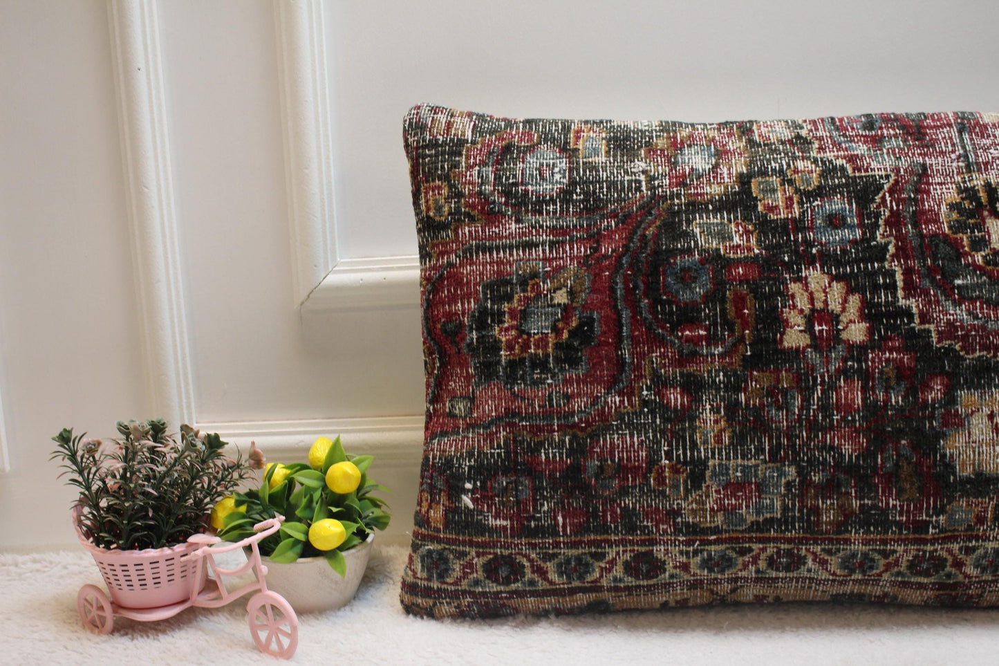 Handmade Kilim Lumbar Pillow Cover: Black & Red Woven Rug (16x24 inc)