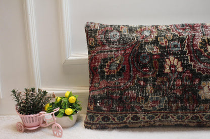 Handmade Kilim Lumbar Pillow Cover: Black & Red Woven Rug (16x24 inc)