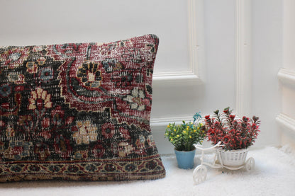 Handmade Kilim Lumbar Pillow Cover: Black & Red Woven Rug (16x24 inc)