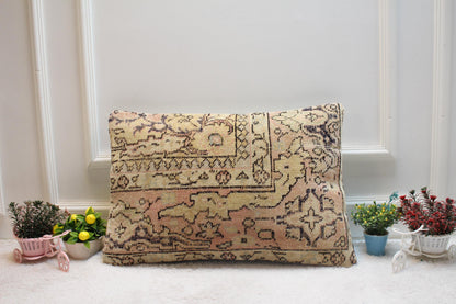 Handmade Kilim Lumbar Pillow Cover: Pink Beige Rug Pillow (16x24 in)