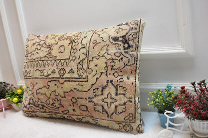 Handmade Kilim Lumbar Pillow Cover: Pink Beige Rug Pillow (16x24 in)