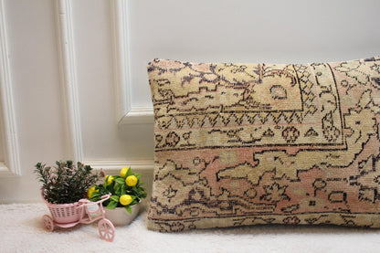 Handmade Kilim Lumbar Pillow Cover: Pink Beige Rug Pillow (16x24 in)
