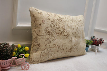 Handmade Beige Kilim Lumbar Pillow Cover: Upcycled Rug, 16x24 inch