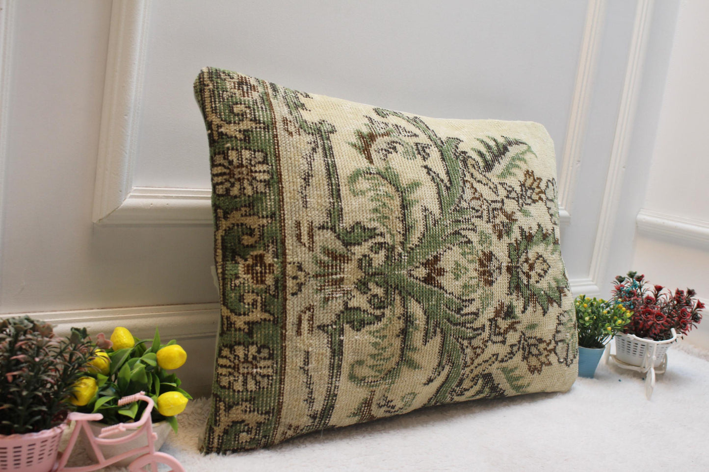 Floral Kilim Pillow Cover: Green Beige Vintage Rug, Handmade Wool