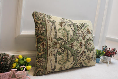 Floral Kilim Pillow Cover: Green Beige Vintage Rug, Handmade Wool