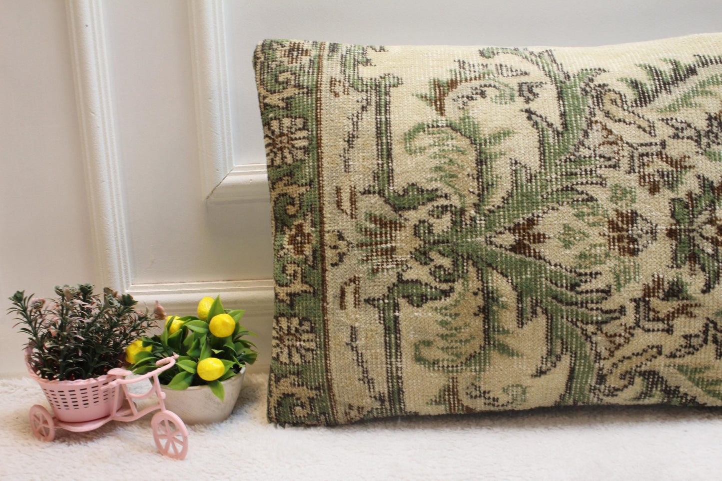 Floral Kilim Pillow Cover: Green Beige Vintage Rug, Handmade Wool