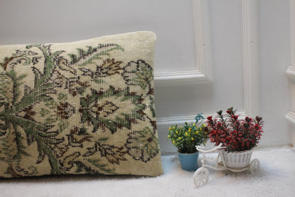 Floral Kilim Pillow Cover: Green Beige Vintage Rug, Handmade Wool