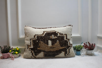Handmade Kilim Lumbar Pillow Cover: Organic Wool Rug Pillow (16x24 inc)