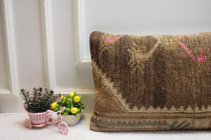 Handmade Kilim Lumbar Pillow Cover: Brown Rug Pillow (16x24 in)