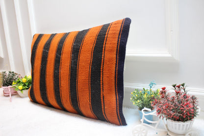 Striped Kilim Lumbar Pillow Cover: Black & Orange, Handmade Wool (16x24 Inc)