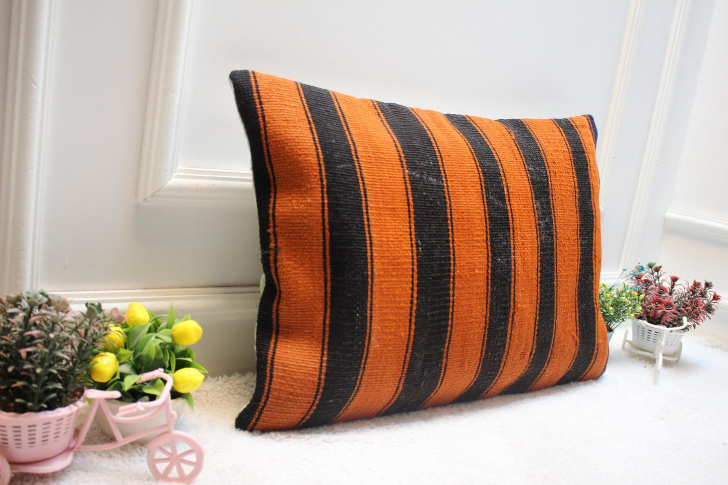 Striped Kilim Lumbar Pillow Cover: Black & Orange, Handmade Wool (16x24 Inc)