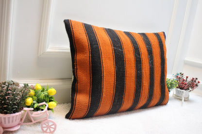 Striped Kilim Lumbar Pillow Cover: Black & Orange, Handmade Wool (16x24 Inc)