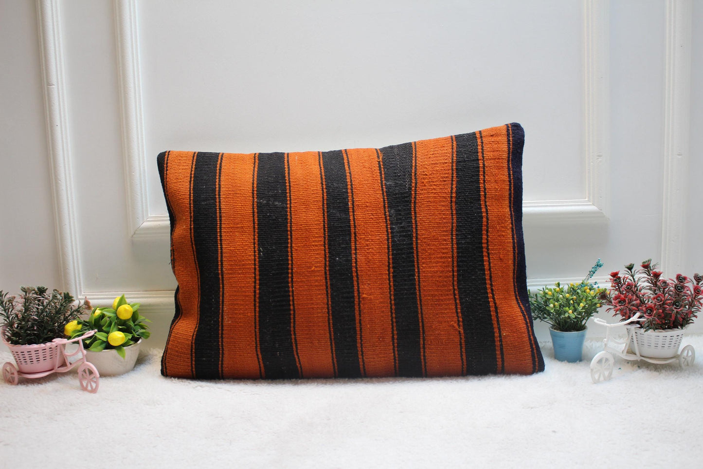 Striped Kilim Lumbar Pillow Cover: Black & Orange, Handmade Wool (16x24 Inc)