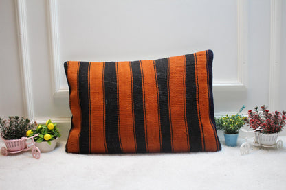 Striped Kilim Lumbar Pillow Cover: Black & Orange, Handmade Wool (16x24 Inc)