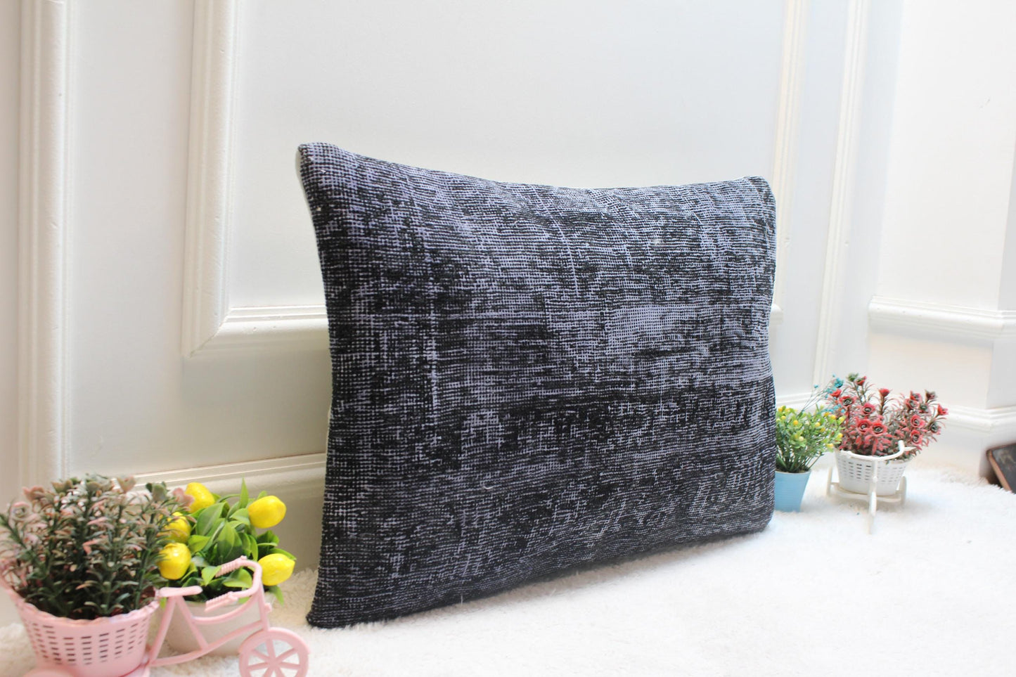 Gray Vintage Turkish Rug Lumbar Pillow Cover: 16x24 inch Wool Kilim Pillow