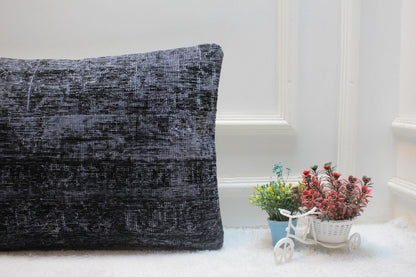 Gray Vintage Turkish Rug Lumbar Pillow Cover: 16x24 inch Wool Kilim Pillow