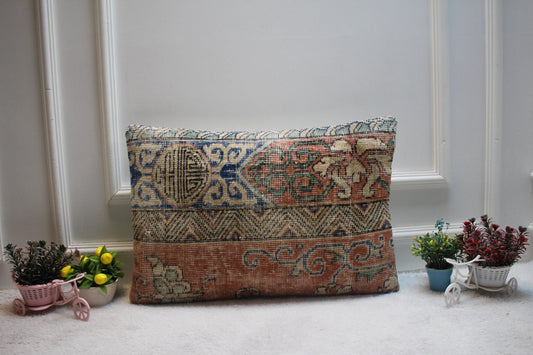Ethnic Turkish Rug Lumbar Pillow Cover: Upcycled Kilim, 16x24 inch
