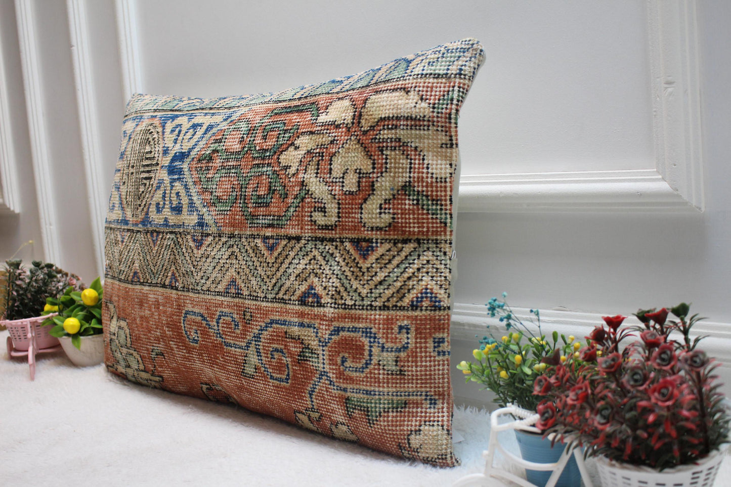 Ethnic Turkish Rug Lumbar Pillow Cover: Upcycled Kilim, 16x24 inch