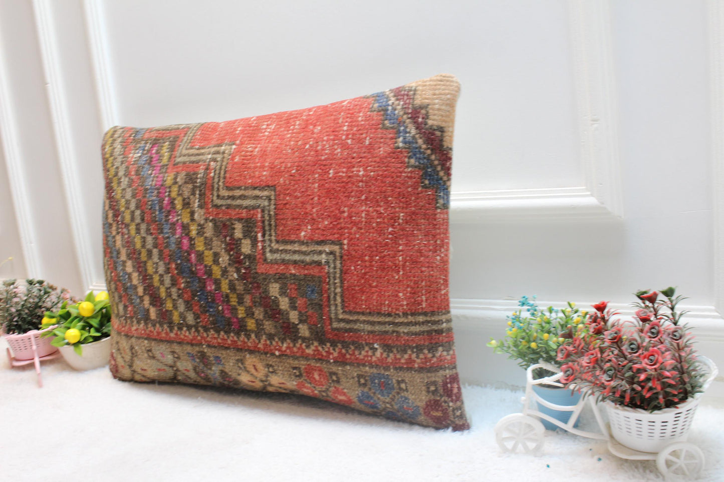 Handmade Red Kilim Lumbar Pillow Cover: Upcycled Rug, 16x24 inch