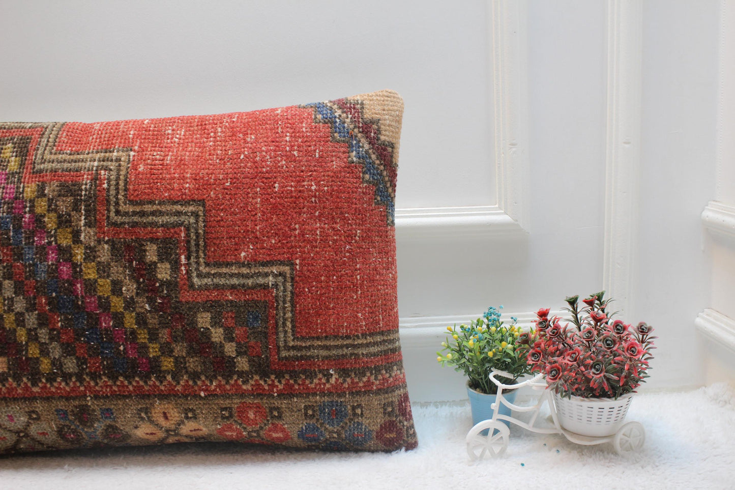 Handmade Red Kilim Lumbar Pillow Cover: Upcycled Rug, 16x24 inch