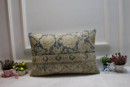 Handmade Kilim Lumbar Pillow Cover: Blue Beige Woven Rug, 16x24 inc
