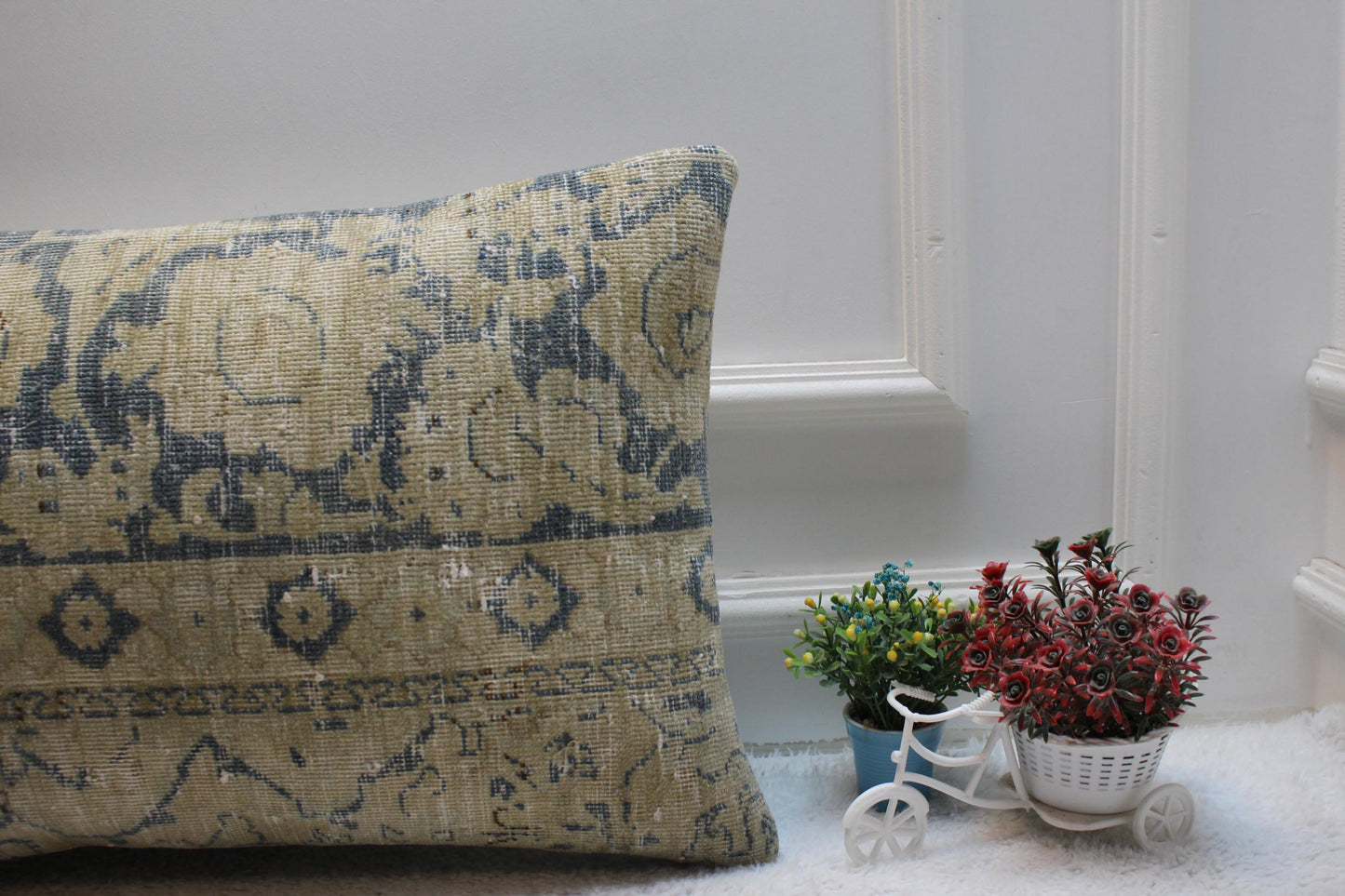 Handmade Kilim Lumbar Pillow Cover: Blue Beige Woven Rug, 16x24 inc