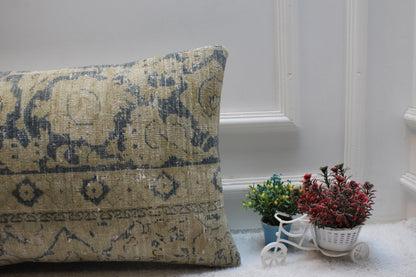 Handmade Kilim Lumbar Pillow Cover: Blue Beige Woven Rug, 16x24 inc